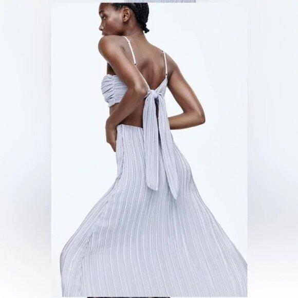 Zara Cut Out Pleated Midi Long Dress Light Blue Size Medium - Picture 4 of 10